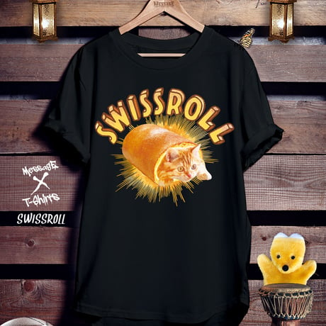 ねこロールケーキ黒Tシャツ「SWISSROLL」