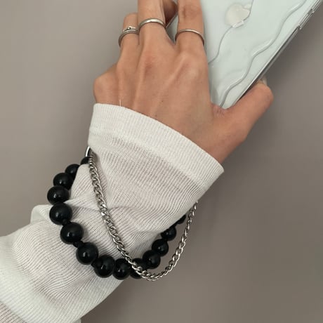 silver　strap  ×　wood beads