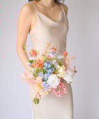 【受注生産】ピーチトロピカルブーケ |  造花ブーケ　ウェディングブーケ　持ち込みブーケ　アーティシャルフラワー　ピンク　オレンジ 南国　カラー　カラフル　チューリップ　リゾート　夏