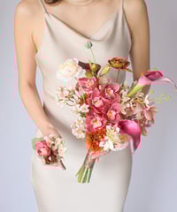 【２点SET】ピンクショコラオレンジブーケ |  造花ブーケ　ウェディングブーケ　持ち込みブーケ　アーティシャルフラワー　ピンク　オレンジ コチョウラン　カラー　くすみカラー　リゾート　夏 秋色　ミニ