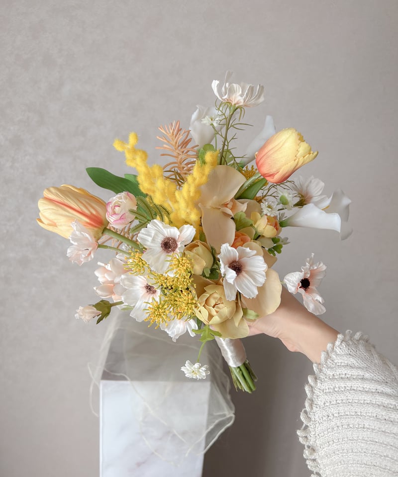 ドライフラワーと造花のブーケ　ウェディング　ミモザのブーケ 受注生産 】ミモザのブーケ | 造花ブーケ ウェディングブーケ