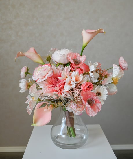 【即納】アップルピンクのブーケ　春婚　造花ブーケ　ウェディングブーケ　和装ブーケ　持ち込みブーケ　アーティシャルフラワー　ピンク　チューリップ　ポピー　胡蝶蘭