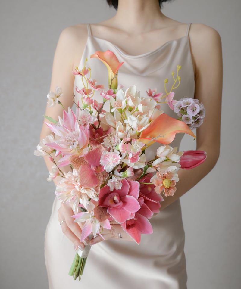 【ウェディングブーケ】南国風 リゾート前撮り 高級造花 アーティシャルフラワー 高級造花 ウェディングブーケ/ カラー アンスリウム プルメリア 蘭