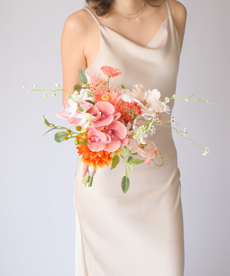 オレンジダリアとグリーンブーケ | 造花ブーケ ウェディングブーケ