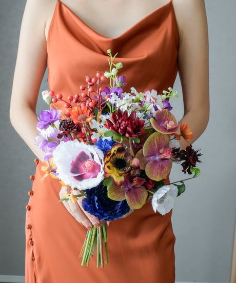 【即納】オータムミックスブーケ | 造花ブーケ　ウェディングブーケ　持ち込みブーケ　アーティシャルフラワー　ダークカラー　オレンジ コチョウラン　大人　高級造花　秋色　アネモネ　ポピー