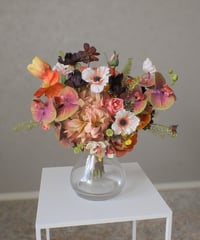 【即納】オータムカラーのブーケ　秋色　造花ブーケ　オレンジ　赤　ウェディングブーケ　和装ブーケ　持ち込みブーケ　アーティシャルフラワー　コチョウラン　イエロー　暖色