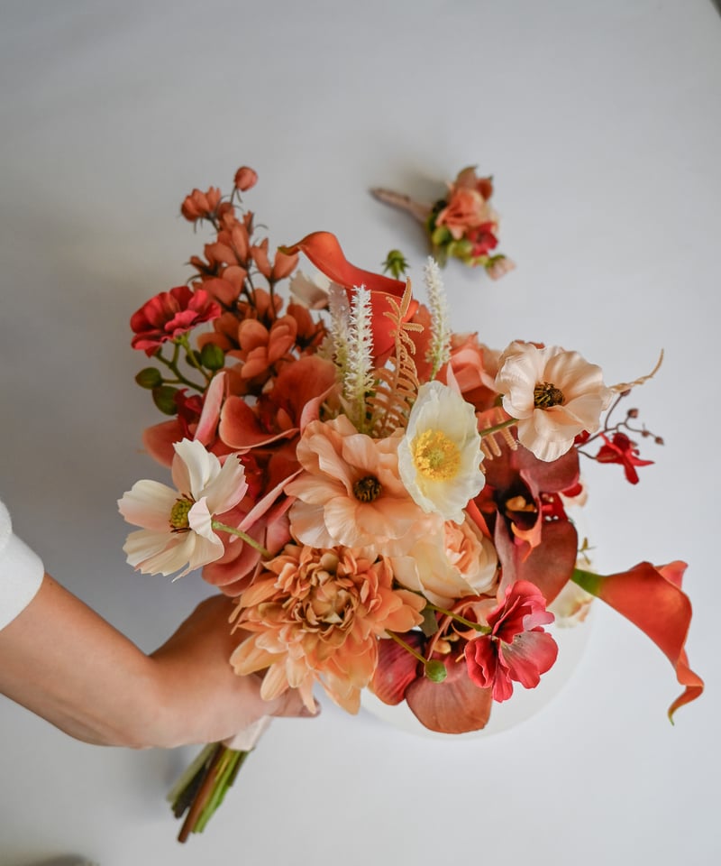 ダークオレンジ　ベージュ　ブラウン　ポピー　ダリア　ウェディングブーケ　造花 ダークオレンジ ベージュ ブラウン ポピー ダリア ウェディングブーケ