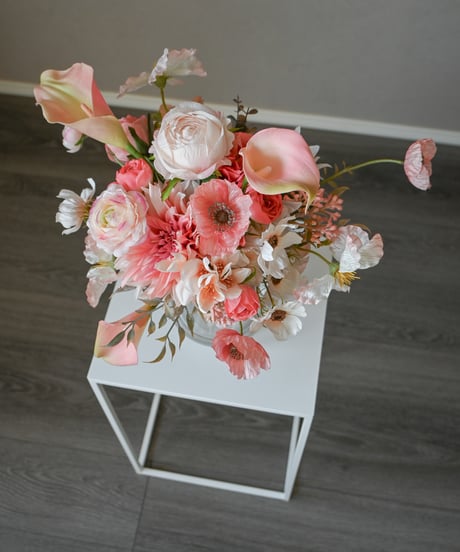 【即納】アップルピンクのブーケ　春婚　造花ブーケ　ウェディングブーケ　和装ブーケ　持ち込みブーケ　アーティシャルフラワー　ピンク　チューリップ　ポピー　胡蝶蘭