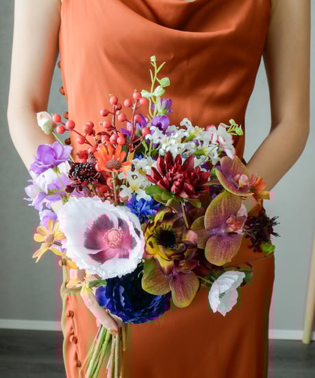 【即納】オータムミックスブーケ | 造花ブーケ　ウェディングブーケ　持ち込みブーケ　アーティシャルフラワー　ダークカラー　オレンジ コチョウラン　大人　高級造花　秋色　アネモネ　ポピー