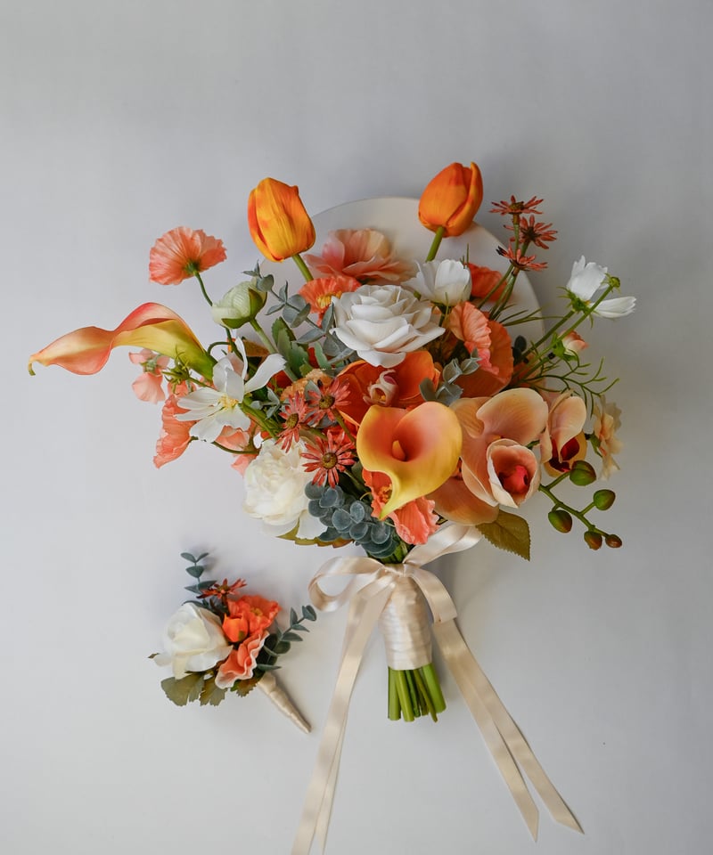 【美品】くすみオレンジ　ウェディングブーケ くすみオレンジのブーケ | 造花ブーケ ウェディングブーケ 持ち込み