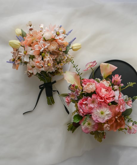 【受注生産】ポピーとダリアのブーケ　｜　くすみピンク　造花ブーケ　ウェディングブーケ　コチョウラン　持ち込みブーケ　アーティシャルフラワー　パステルカラー　ダリア　小花　春　ウェディング