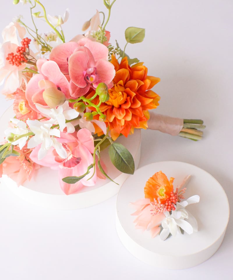 オレンジダリアとグリーンブーケ | 造花ブーケ ウェディングブーケ