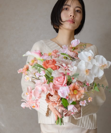 【 受注生産 】 エアリースプリングのブーケ | 造花ブーケ　ウェディングブーケ　持ち込みブーケ　アーティシャルフラワー　ポピー　ピンク　オレンジ コチョウラン　かわいい　優しい　ナチュラル　パステル