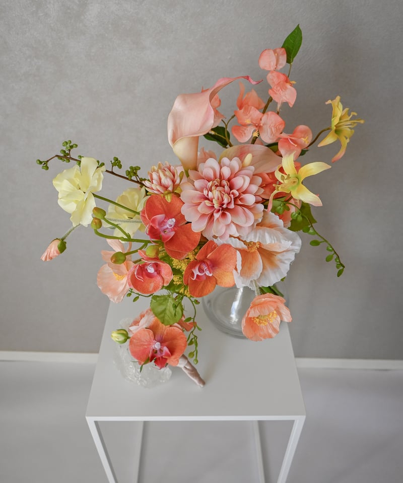 アーティシャルフラワー　造花ブーケ ピンク オレンジ スプリングブーケ| 造花ブーケ ウェディングブーケ 持ち込みブーケ