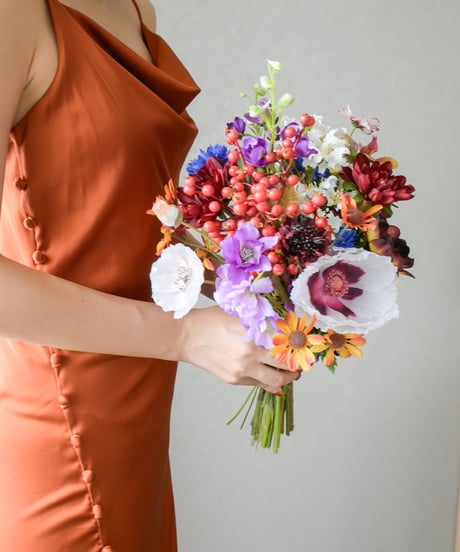 【即納】オータムミックスブーケ | 造花ブーケ　ウェディングブーケ　持ち込みブーケ　アーティシャルフラワー　ダークカラー　オレンジ コチョウラン　大人　高級造花　秋色　アネモネ　ポピー