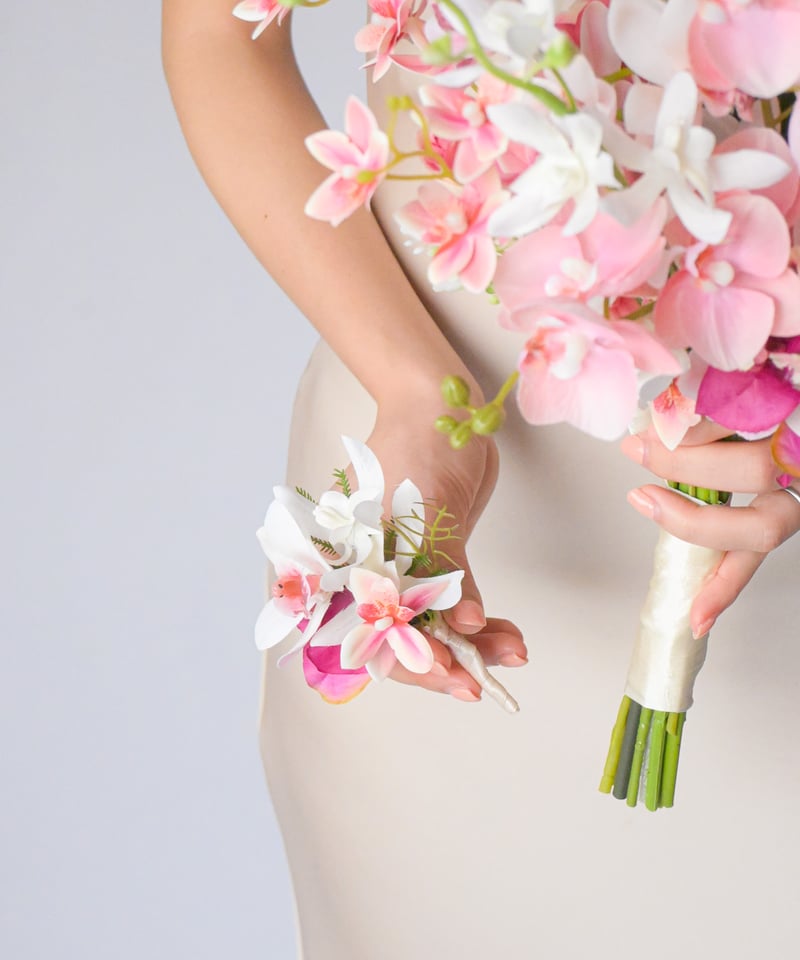 ピンク　ブーケ　ヘアパーツ　ブライダル　造花　アーティシャルフラワー スパイラルピンクのブーケ | 造花ブーケ ウェディングブーケ 持ち込み