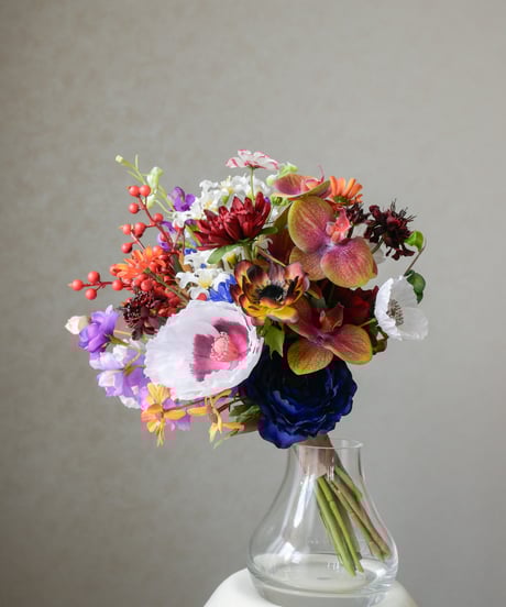 【即納】オータムミックスブーケ | 造花ブーケ　ウェディングブーケ　持ち込みブーケ　アーティシャルフラワー　ダークカラー　オレンジ コチョウラン　大人　高級造花　秋色　アネモネ　ポピー