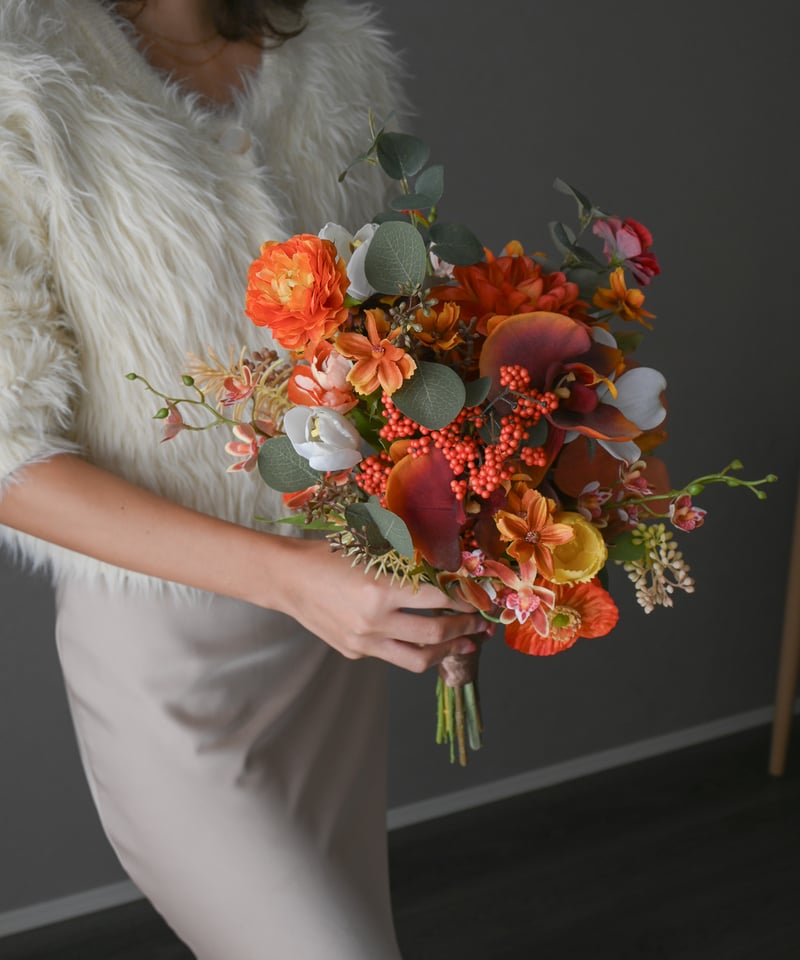 オレンジダリアとユーカリのブーケ ｜ リゾート 南国 造花ブーケ