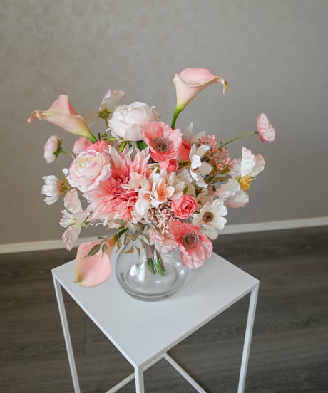 【即納】アップルピンクのブーケ　春婚　造花ブーケ　ウェディングブーケ　和装ブーケ　持ち込みブーケ　アーティシャルフラワー　ピンク　チューリップ　ポピー　胡蝶蘭