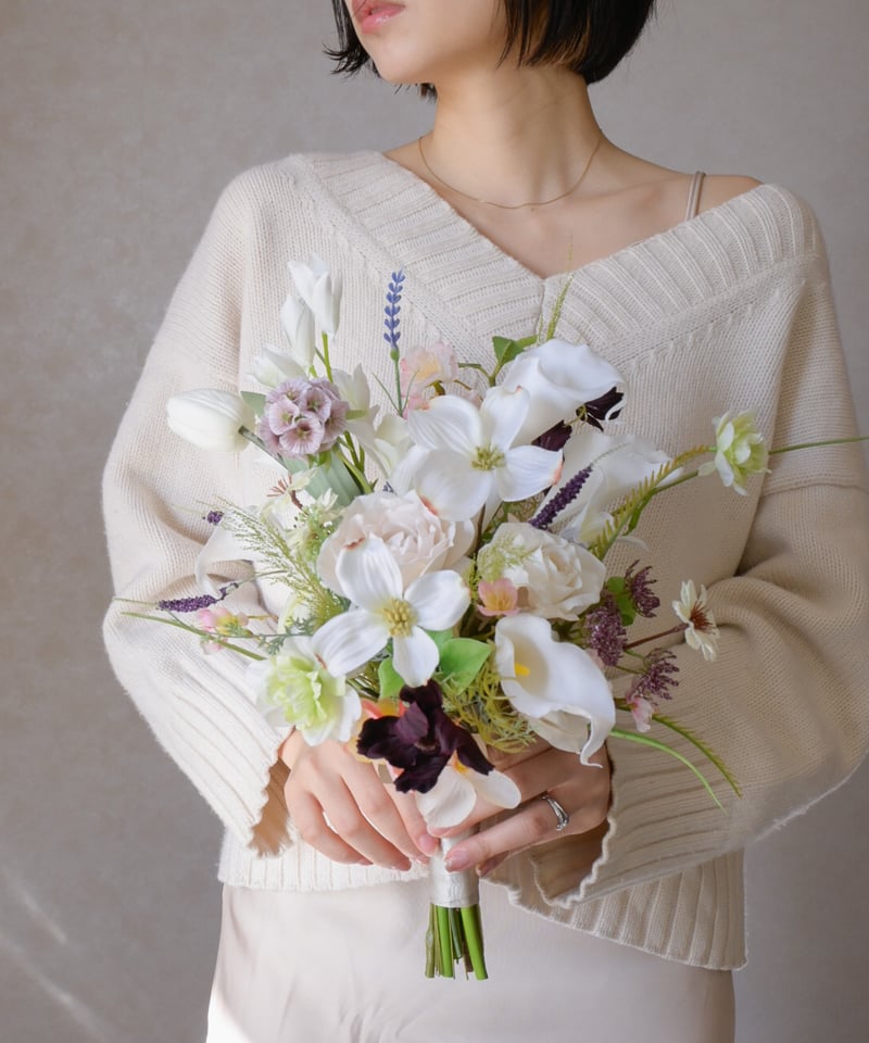 白小花×チューリップのミニブーケ｜造花ウェディングブーケ・挙式