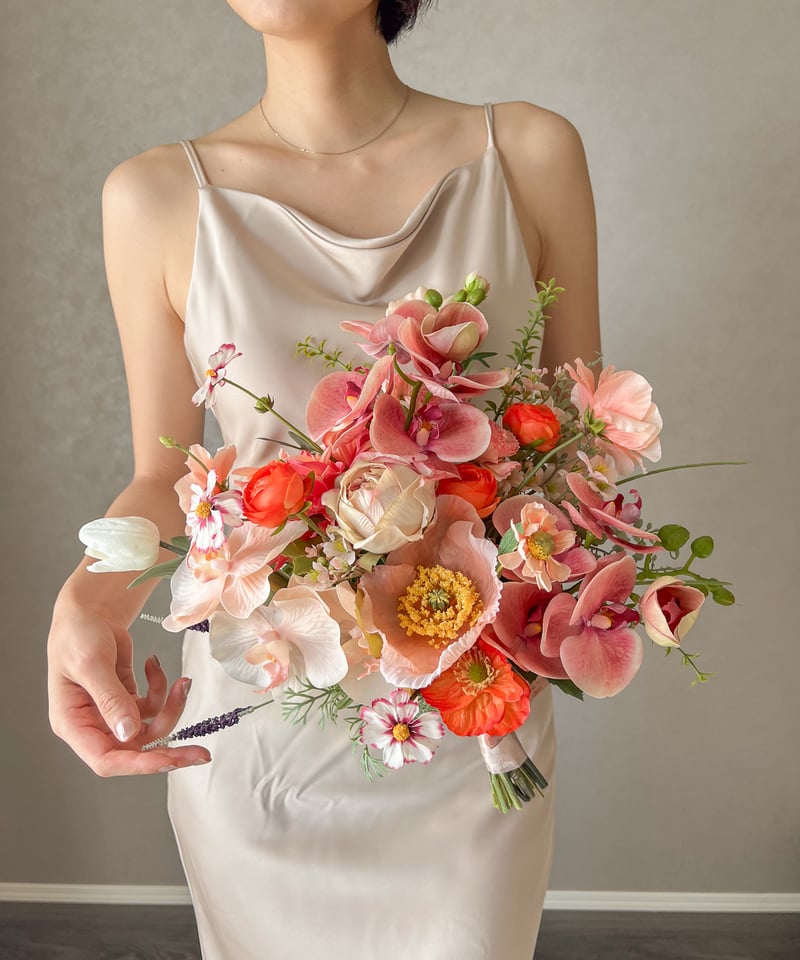 フレッシュサーモンピンクなブーケ| 造花ブーケ ウェディングブーケ お