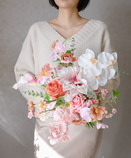 【 受注生産 】 エアリースプリングのブーケ | 造花ブーケ　ウェディングブーケ　持ち込みブーケ　アーティシャルフラワー　ポピー　ピンク　オレンジ コチョウラン　かわいい　優しい　ナチュラル　パステル