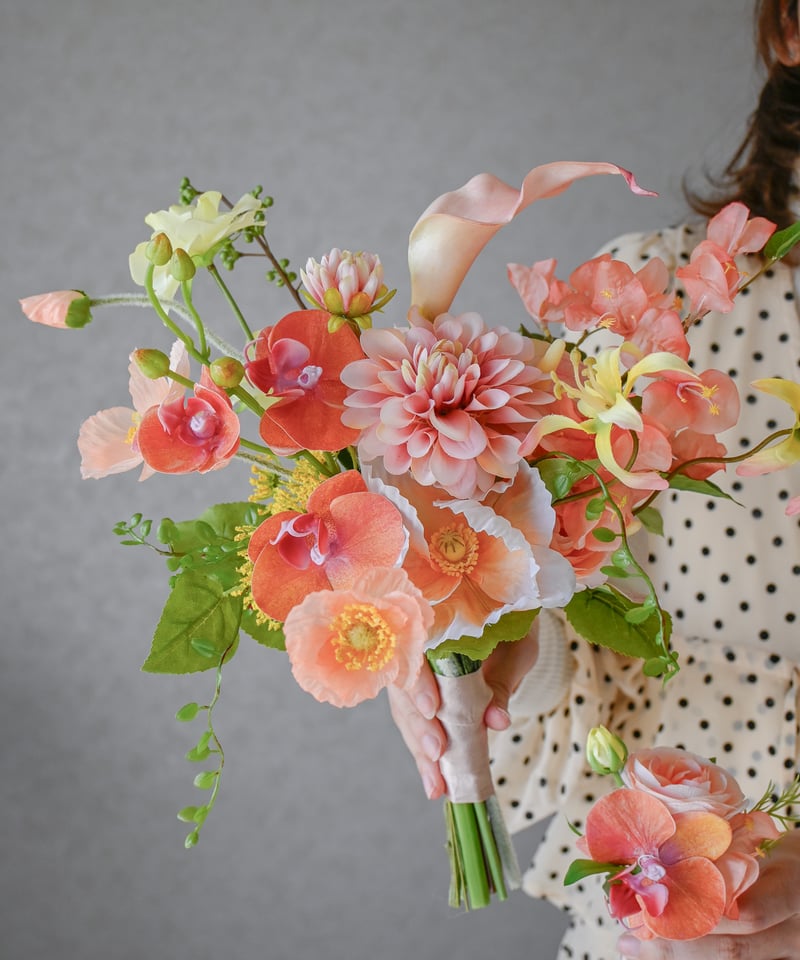 アーティシャルフラワー　造花ブーケ ピンク オレンジ スプリングブーケ| 造花ブーケ ウェディングブーケ 持ち込みブーケ