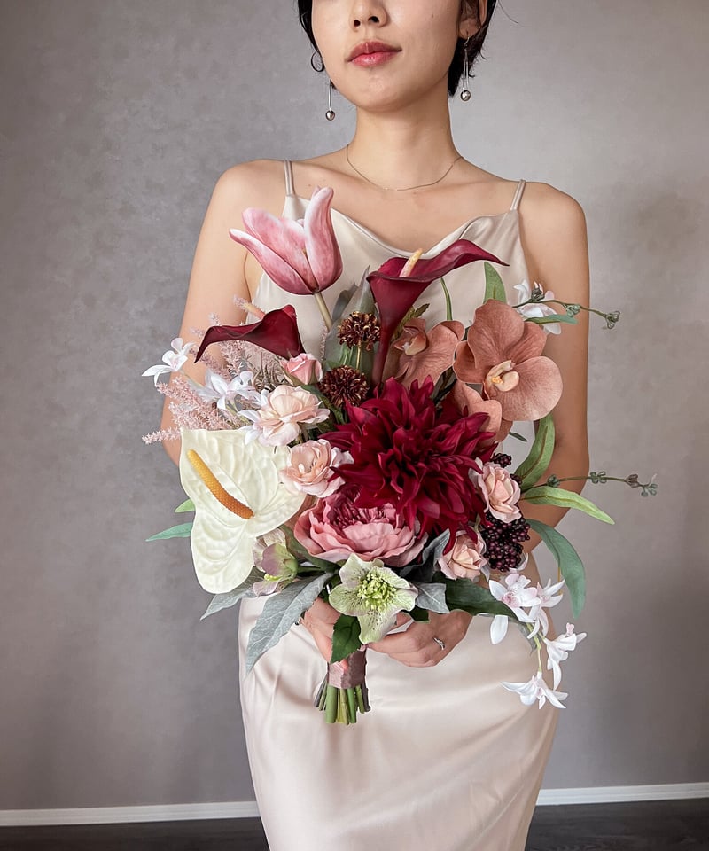 L.i.F design アーティシャルフラワー 造花 ウェディングブーケ ディープレッドなブーケ | 造花ブーケ ウェディングブーケ お色直し
