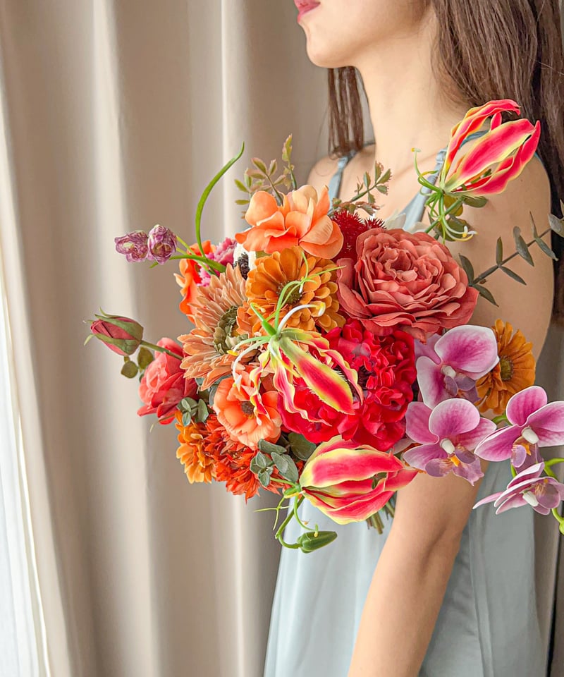 ブートニア造花　カラフルブーケ 赤・ピンク・白　ウェディング　前撮り•結婚式 ウェディングブーケ ブートニア 造花 オレンジ 黄色 暖色 前撮り