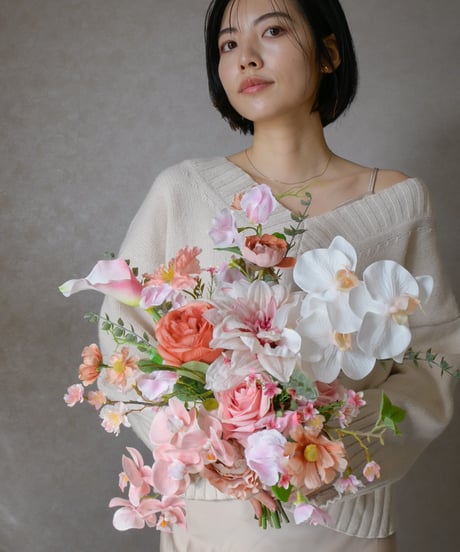 【 受注生産 】 エアリースプリングのブーケ | 造花ブーケ　ウェディングブーケ　持ち込みブーケ　アーティシャルフラワー　ポピー　ピンク　オレンジ コチョウラン　かわいい　優しい　ナチュラル　パステル