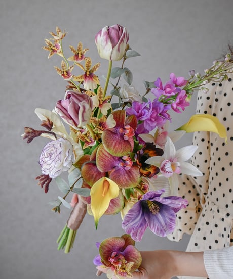 【受注生産】イエローラベンダーブーケ |  造花ブーケ　ウェディングブーケ　持ち込みブーケ　アーティシャルフラワー　紫　パープル　イエロー　スワッグ コチョウラン　ユリ　カラフル