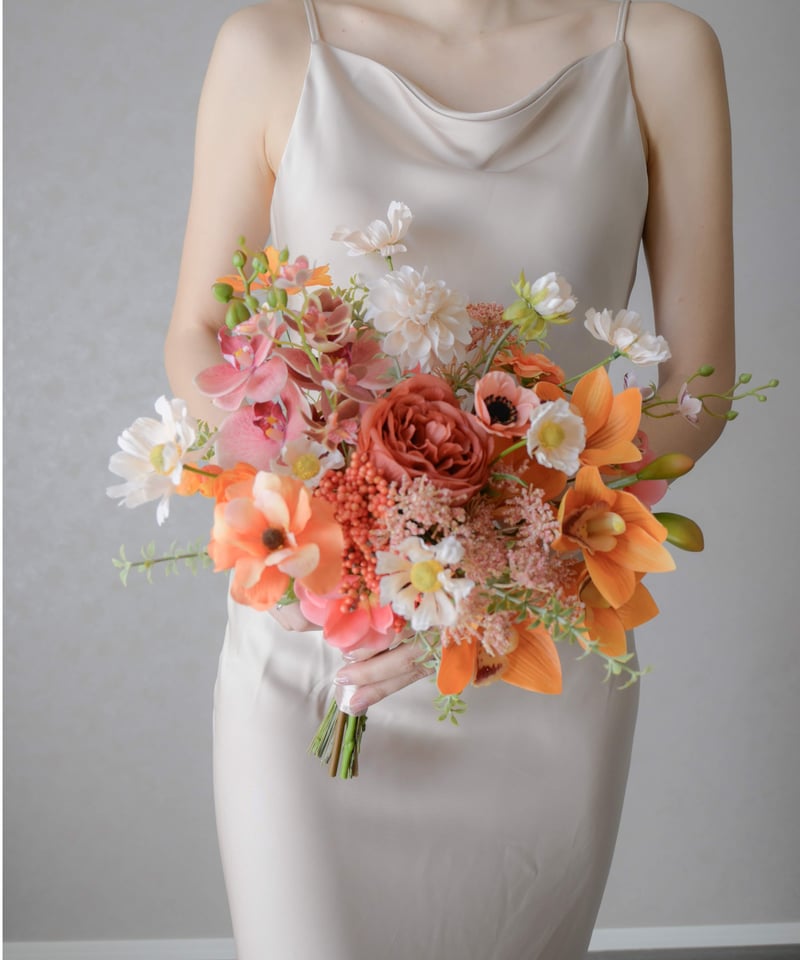 造花ブライダルブーケ　ピンク/オレンジ/ホワイト オレンジシンビジュームのブーケ | 造花ブーケ ウェディングブーケ