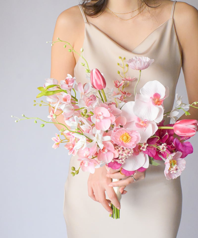 ピンク　ブーケ　ヘアパーツ　ブライダル　造花　アーティシャルフラワー スパイラルピンクのブーケ | 造花ブーケ ウェディングブーケ 持ち込み