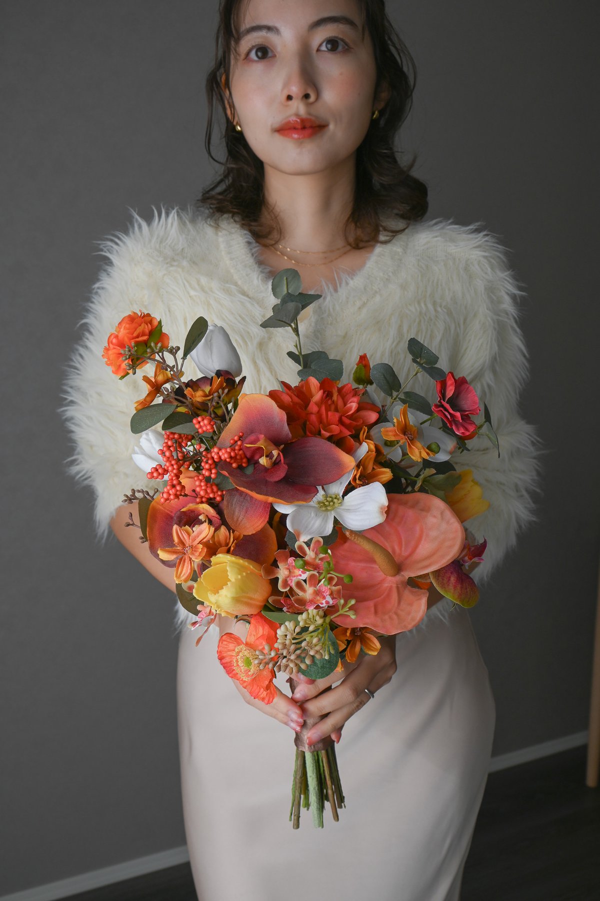 オレンジダリアとユーカリのブーケ ｜ リゾート 南国 造花ブーケ