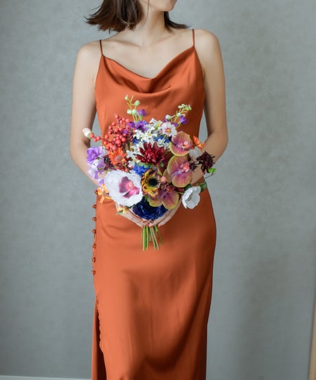 【即納】オータムミックスブーケ | 造花ブーケ　ウェディングブーケ　持ち込みブーケ　アーティシャルフラワー　ダークカラー　オレンジ コチョウラン　大人　高級造花　秋色　アネモネ　ポピー