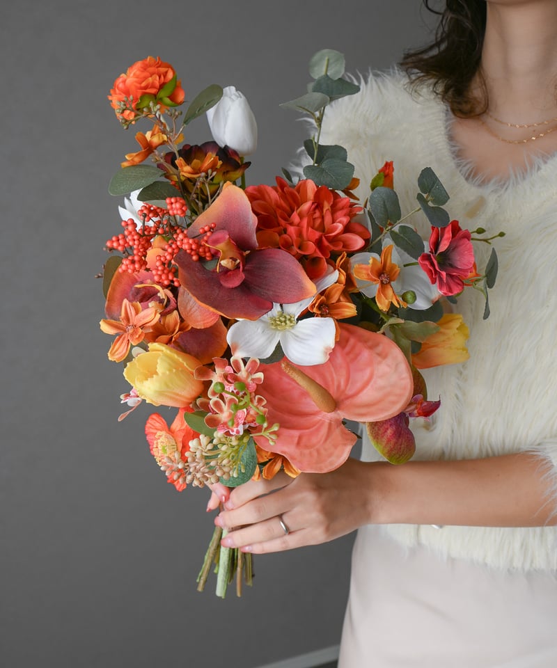 オレンジダリアとユーカリのブーケ ｜ リゾート 南国 造花ブーケ