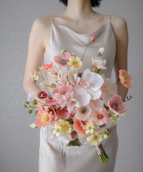 【受注生産】スプリングフレッシュのブーケ | 造花ブーケ　ウェディングブーケ　持ち込みブーケ　アーティシャルフラワー　ピンク　オレンジ コチョウラン　かわいい ナチュラル　高級造花　おしゃれ