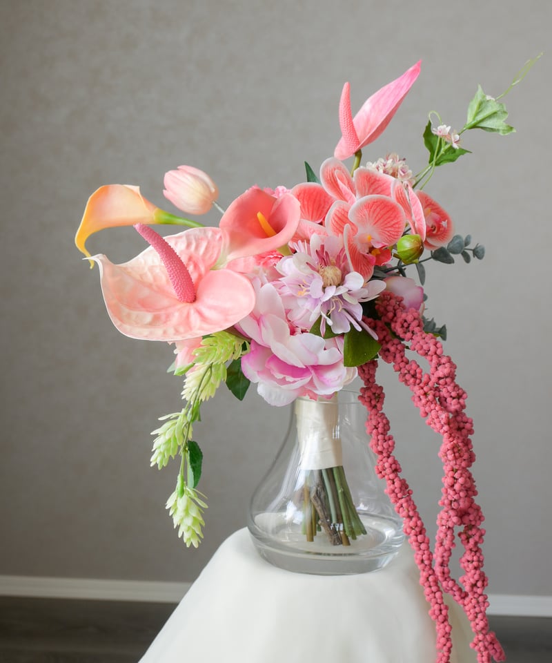 sale　ウェディングブーケ　造花　アンスリウム　チューリップ　ピンク　オレンジ sale ウェディングブーケ 造花 アンスリウム チューリップ ピンク