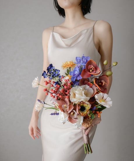 ブルー×オレンジのオータムカラーブーケ｜造花ウェディングブーケ・秋婚・前撮り