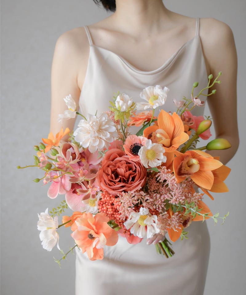 オレンジシンビジュームのブーケ | 造花ブーケ ウェディングブーケ