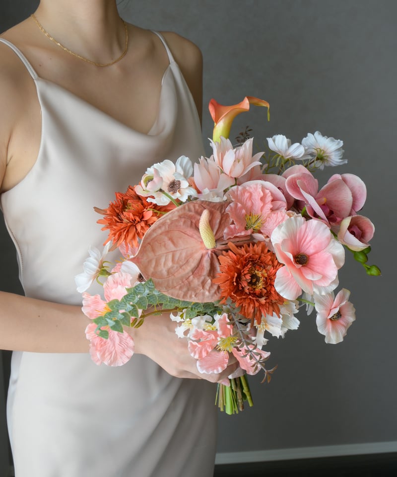 造花 花束 オレンジ ピンク ウエディングブーケ 花束