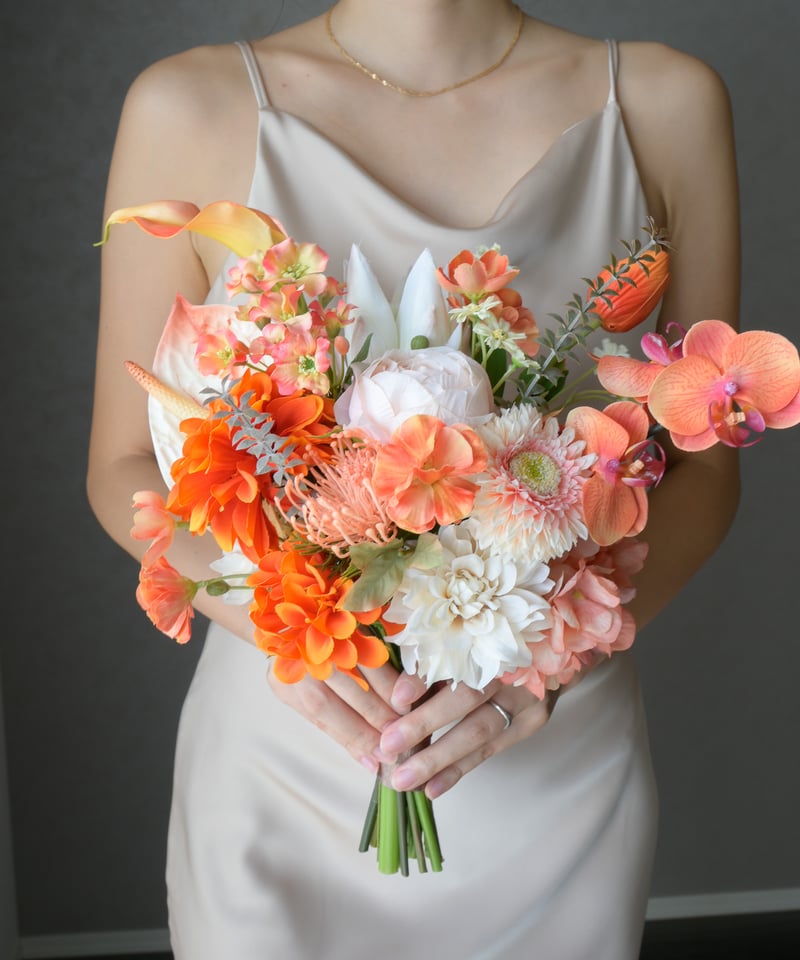 2点セット高級アーティフィシャルフラワーブーケオレンジレッド 造花ブーケ