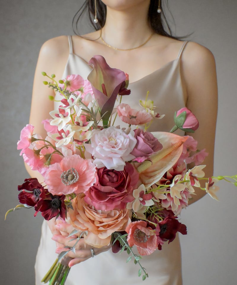 モーブピンク高級造花ブーケ｜くすみピンクポピー シックアンスリウム