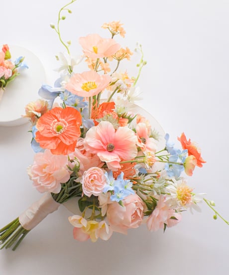 【 受注生産】スプリングミックスのブーケ |  造花ブーケ　ウェディングブーケ　持ち込みブーケ　アーティシャルフラワー　ピンク　オレンジ コスモス　カラー　カラフル　リゾート　春　ポピー