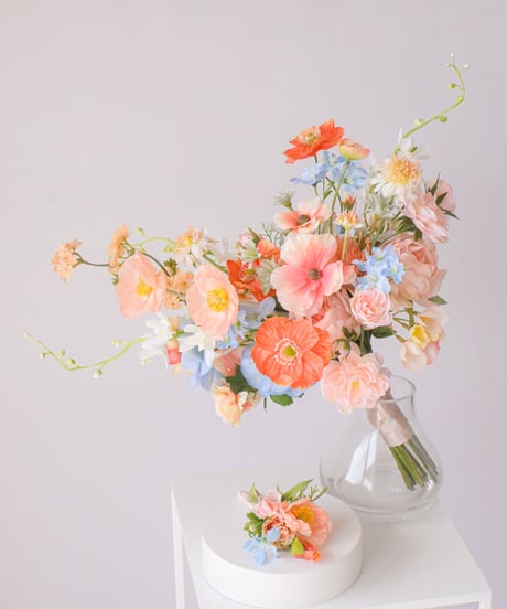 【 受注生産】スプリングミックスのブーケ |  造花ブーケ　ウェディングブーケ　持ち込みブーケ　アーティシャルフラワー　ピンク　オレンジ コスモス　カラー　カラフル　リゾート　春　ポピー