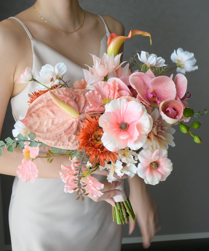造花ブライダルブーケ　ピンク/オレンジ/ホワイト フレッシュピンクのブーケ | 造花ブーケ ウェディングブーケ 持ち込み