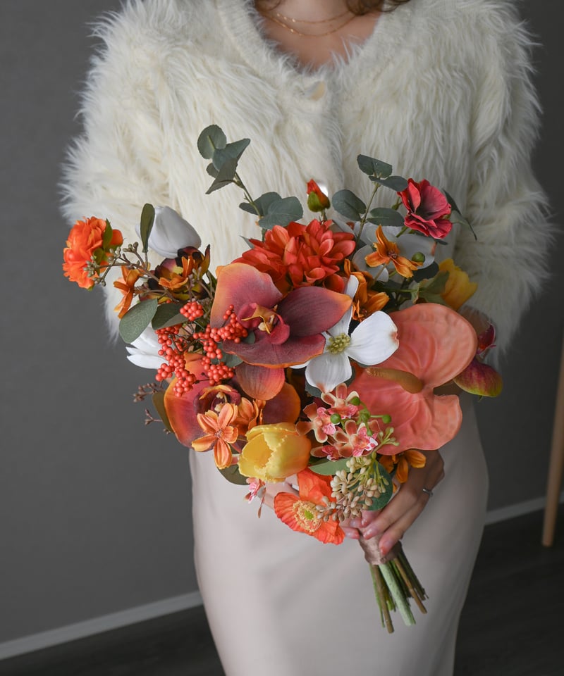 オレンジダリアとユーカリのブーケ ｜ リゾート 南国 造花ブーケ