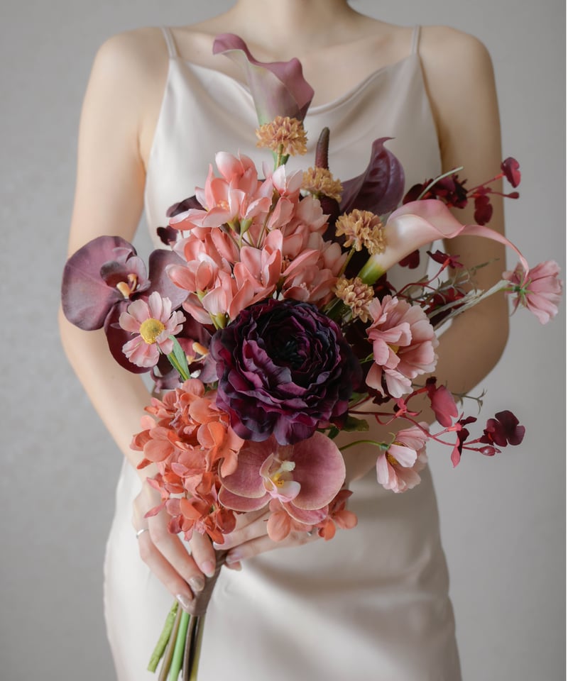 アーティフィシャルフラワー 秋ブーケ ブートニア ボルドー ピンク