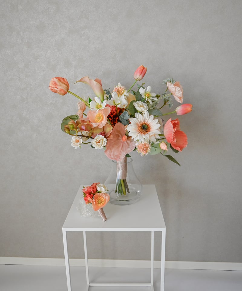 サーモンオレンジセージのブーケ | 造花ブーケ ウェディングブーケ