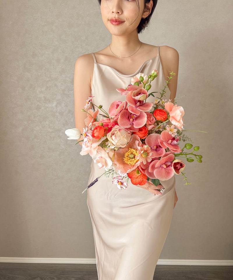 フレッシュサーモンピンクなブーケ| 造花ブーケ ウェディングブーケ お